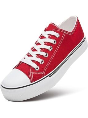 Women Red low Tops Lace Up Non-slip Canvas Sneakers Walking White Tennis Shoes